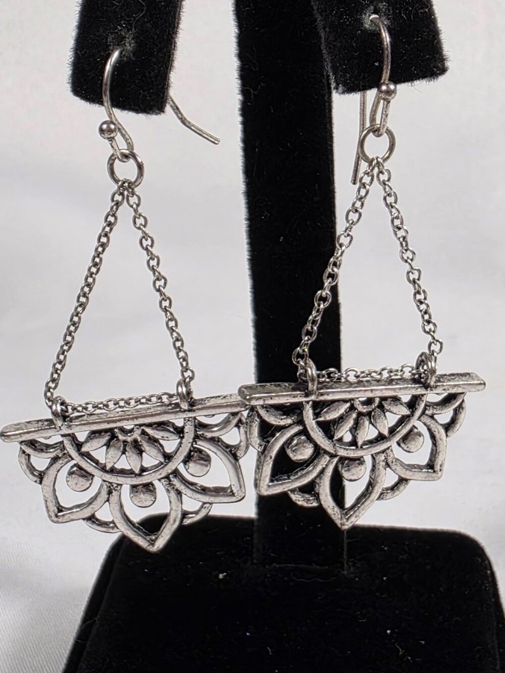 Boho-Style Silver Tone Dangle Earrings Intricate Lotus Flower Mandala Design